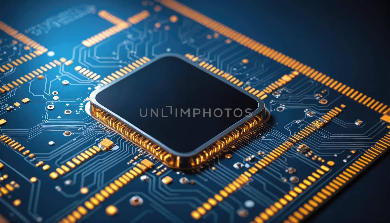 A computer chip is mounted on a circuit board. The chip is black with a gold rim and is surrounded by intricate circuitry. The board is blue with gold traces.