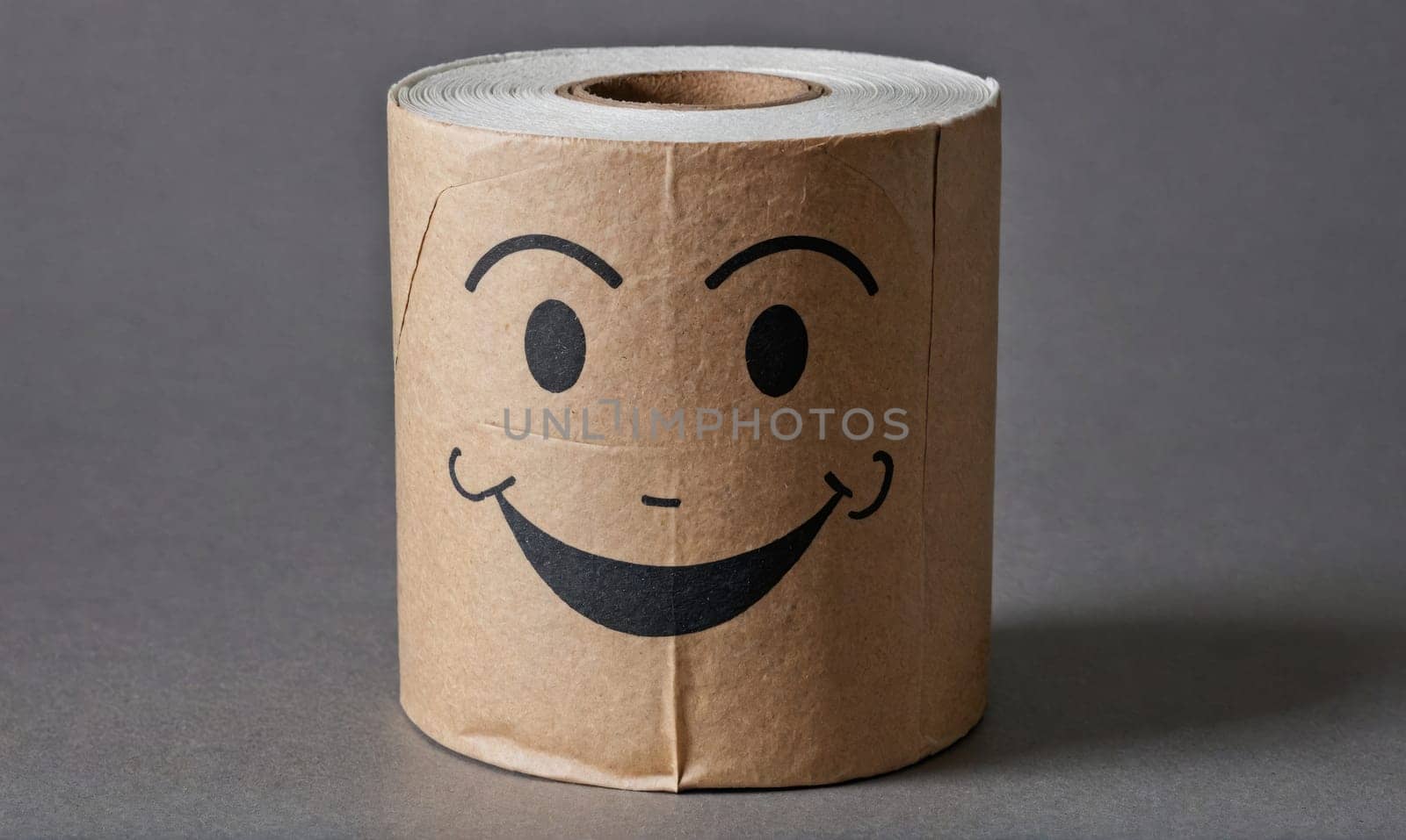 A roll of toilet paper sits on a grey background. The paper is brown, and there is a black smiling face drawn on it.