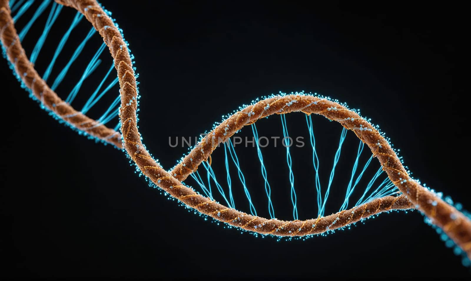 A digital illustration of a DNA strand, showing its iconic double helix structure. It is rendered in a realistic style, with detailed strands and a black background.