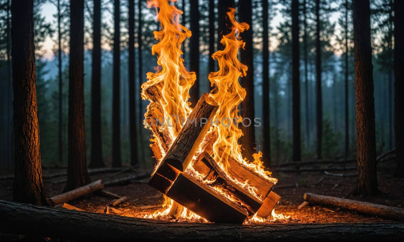 A small campfire burns in a dark forest. The flames are tall and orange, and the wood is stacked in a haphazard way. The fire is surrounded by dark trees.