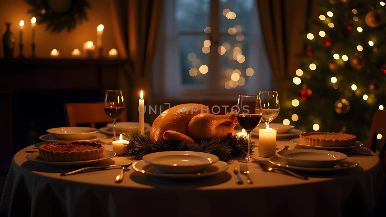 In a dimly lit room, the table is beautifully decorated with Christmas ornaments, and the soft candlelight highlights a holiday spread of turkey, pies, and wine glasses. The scene feels warm, inviting, and festive