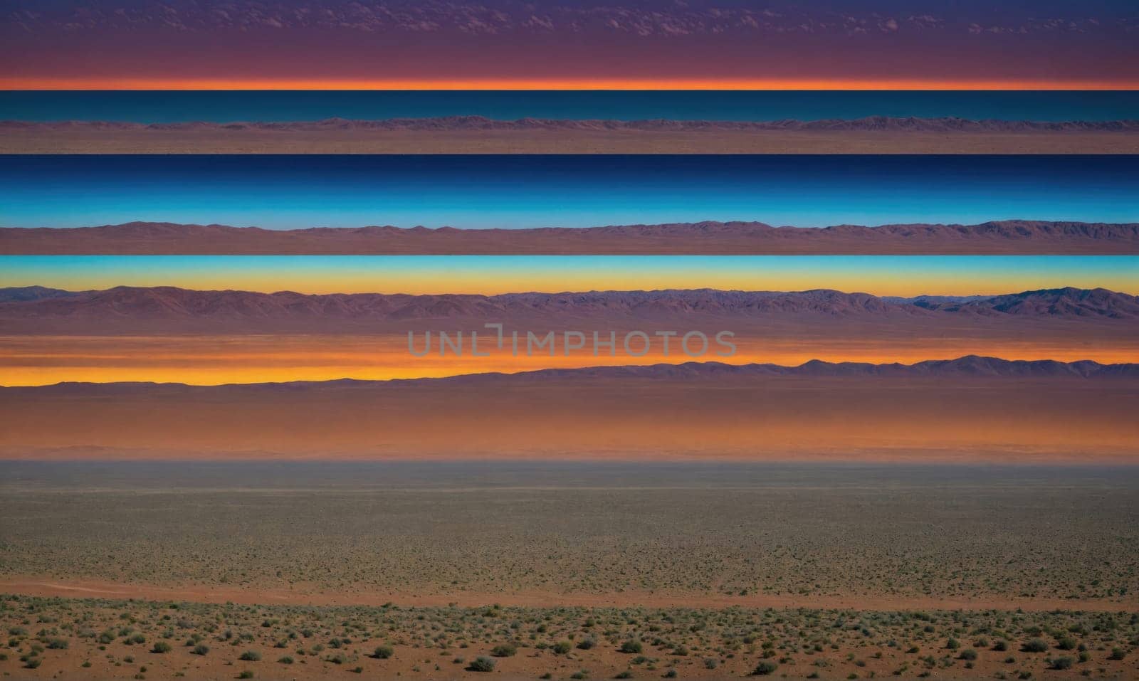 A view of a desert landscape with the sun setting, showing layers of colored clouds in the sky. The sky is a mix of red, orange, yellow, blue, and purple.