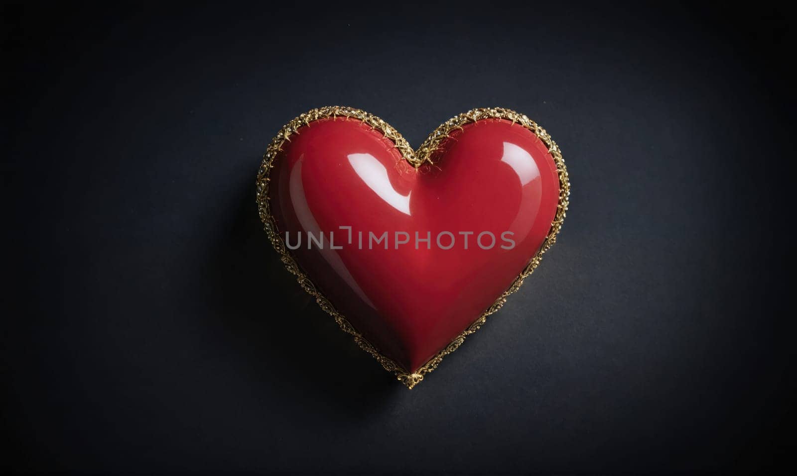 A red heart-shaped object with a gold trim is photographed against a dark background. The heart is glossy and reflects light.