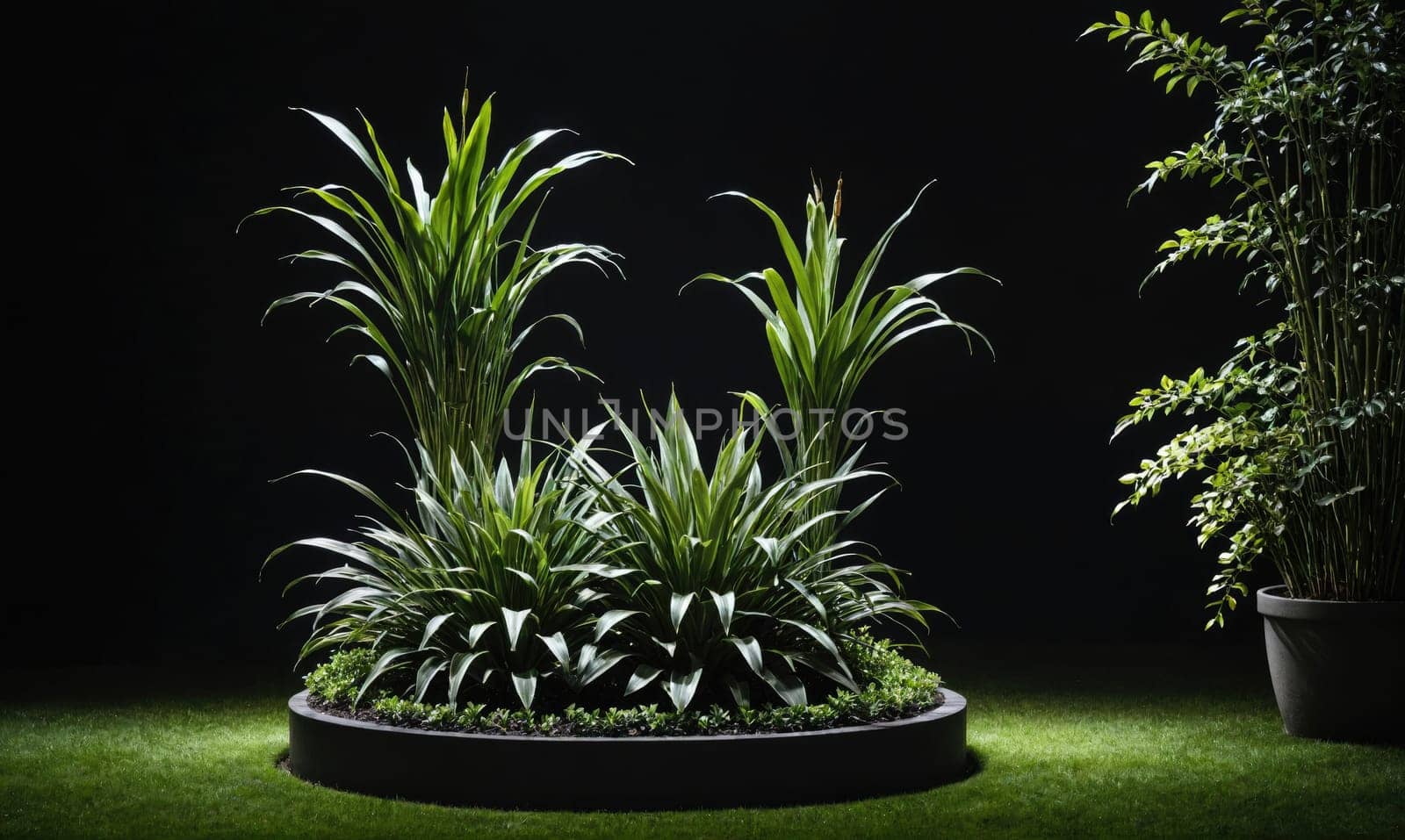 A circular planter sits on a green lawn at night. The planter is filled with leafy green plants, and there is a smaller plant in a gray pot to the right of the planter.