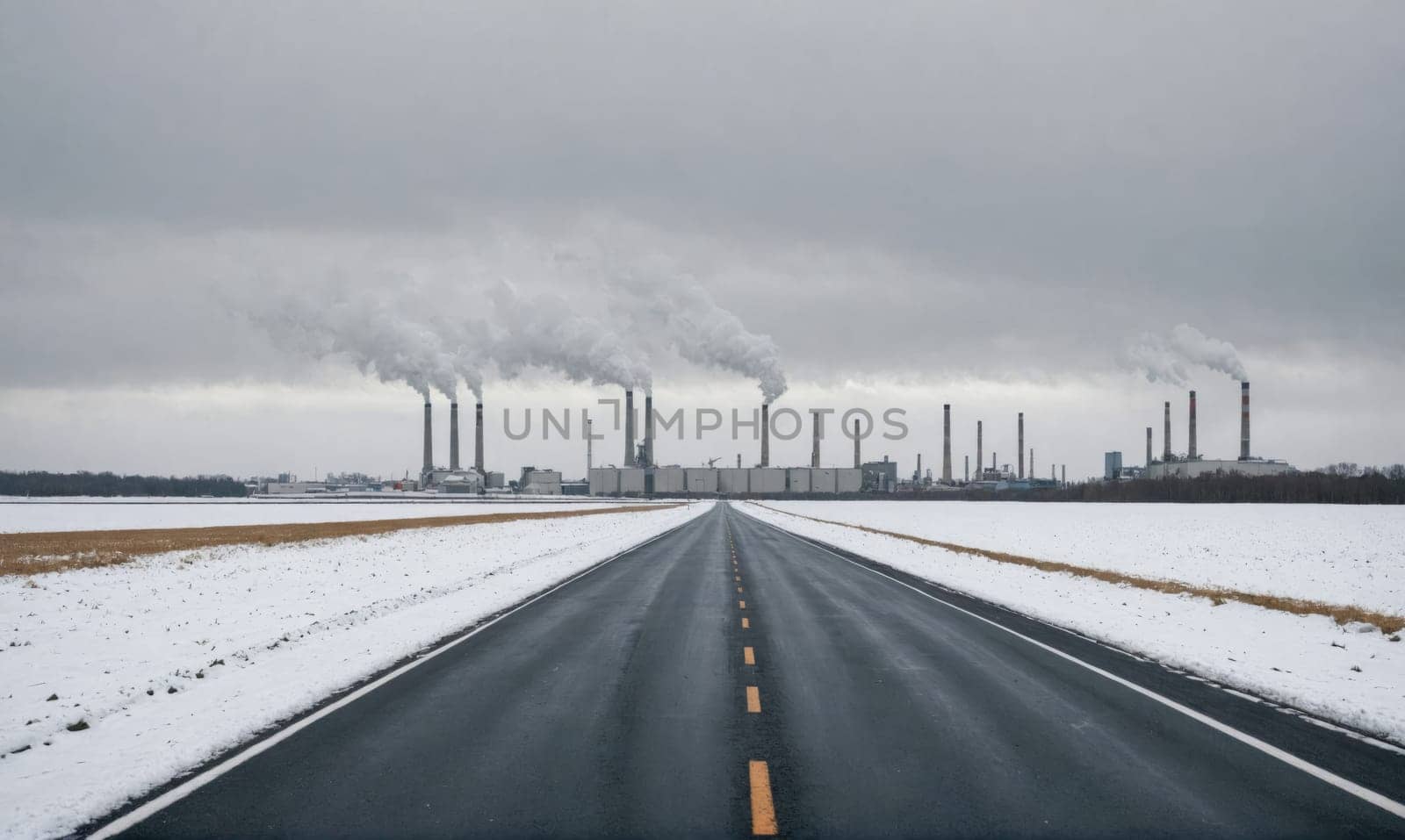 A long road covered in fresh snow leads toward a large factory with many tall smokestacks emitting smoke into the overcast sky.
