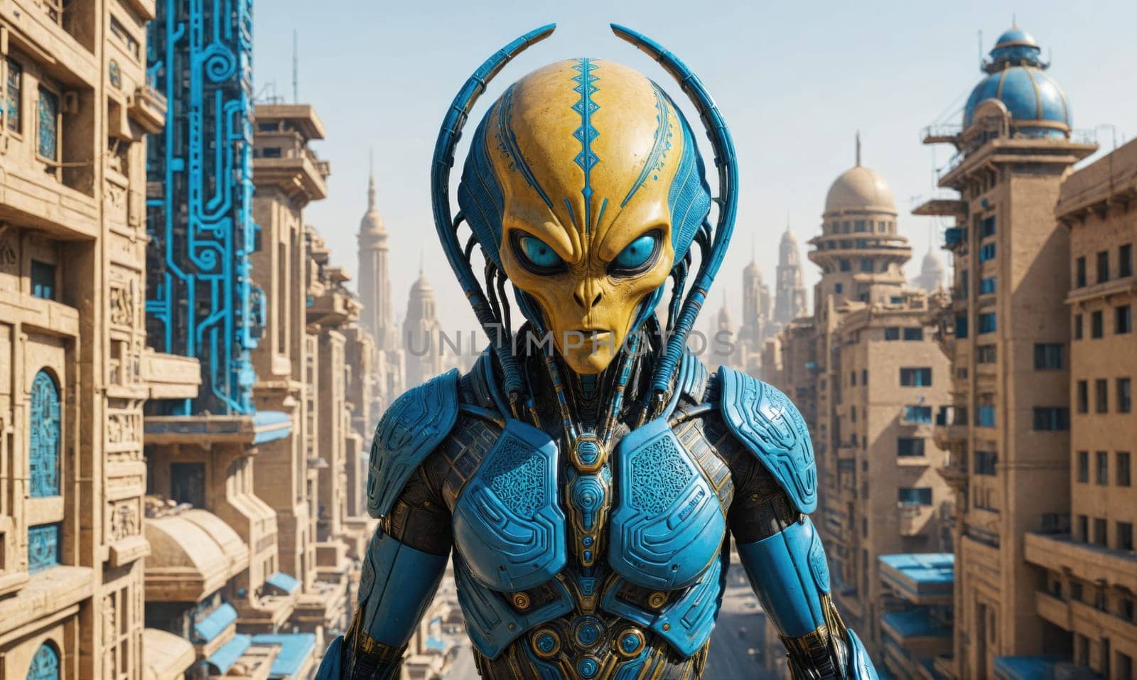A blue and yellow humanoid alien with a long, thin head stands in front of a city with tall, sand-colored buildings with blue accents.
