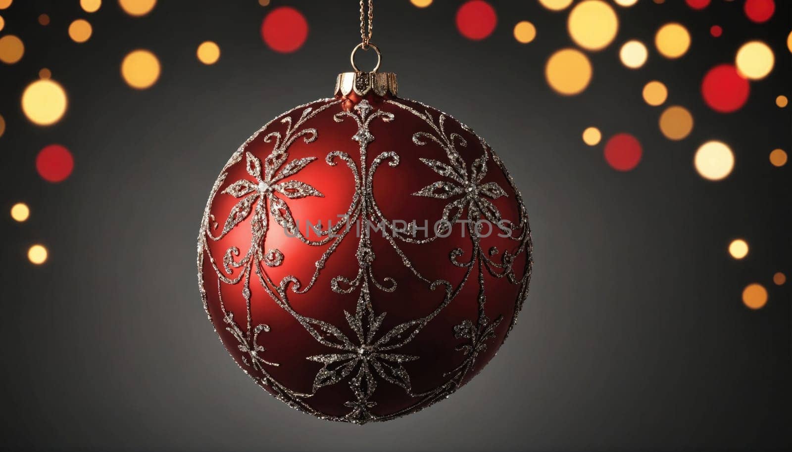 A red Christmas ornament with silver glitter hangs against a gray background. There are out-of-focus lights of various colors in the background.