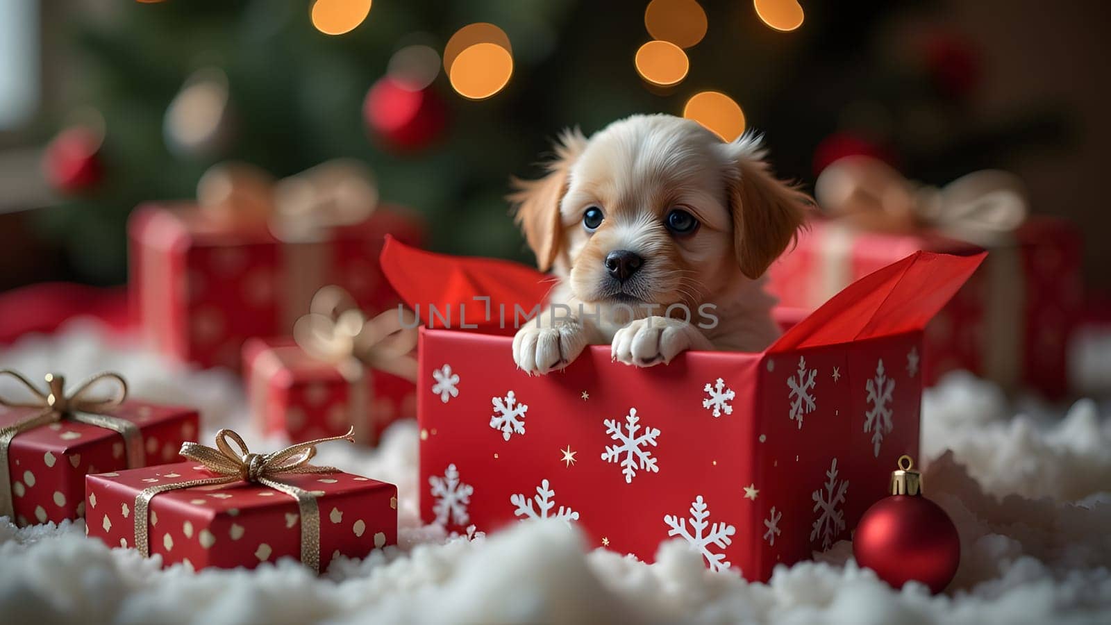 A small puppy peeks out of a gift box wrapped in red paper with white snowflakes. Surrounding the box are many other presents, creating a heartwarming and festive holiday scene filled with joy