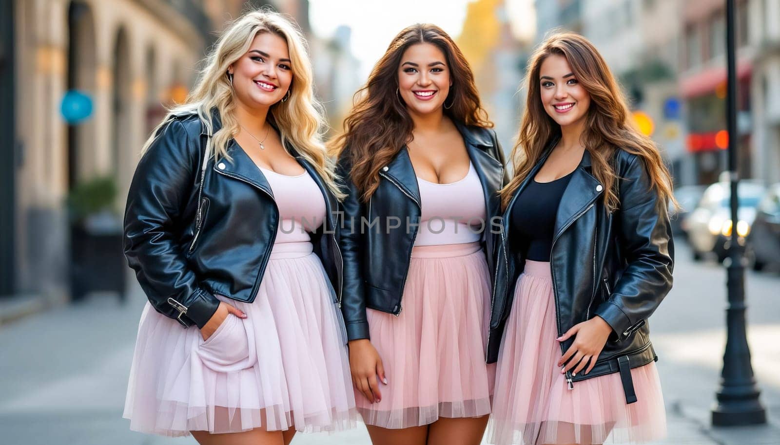 Three attractive young women with positive body image stand on city street and smile.