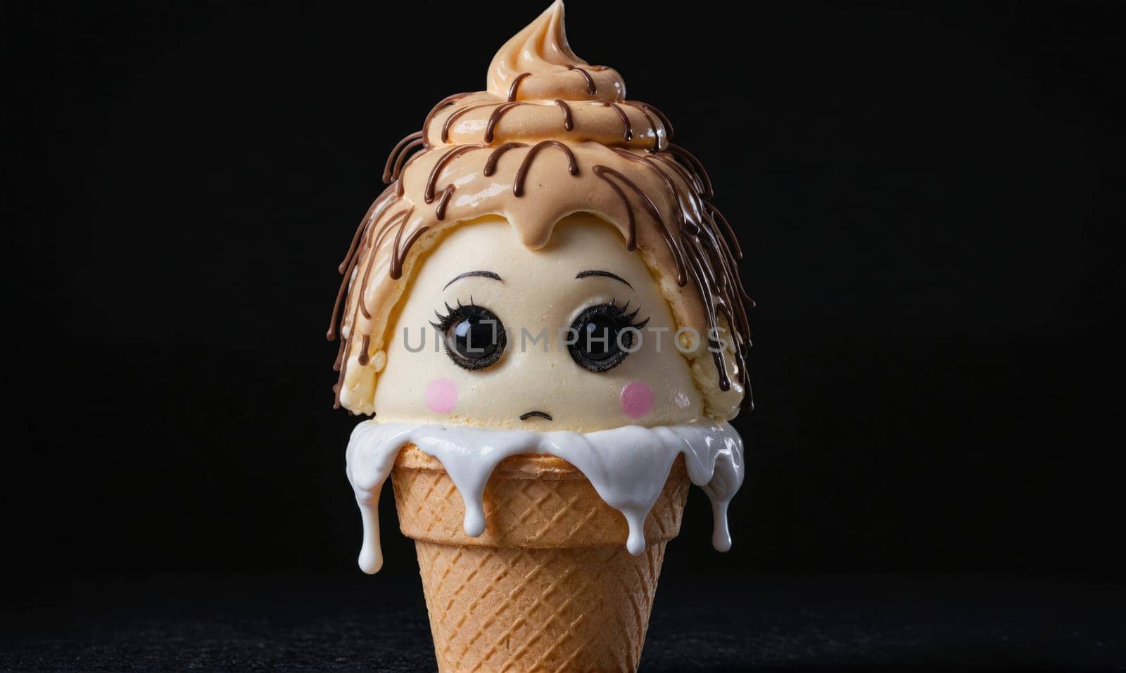 An ice cream cone shaped like a doll's head with large, round eyes. The ice cream is topped with a swirl of caramel and melting down the sides of the waffle cone.