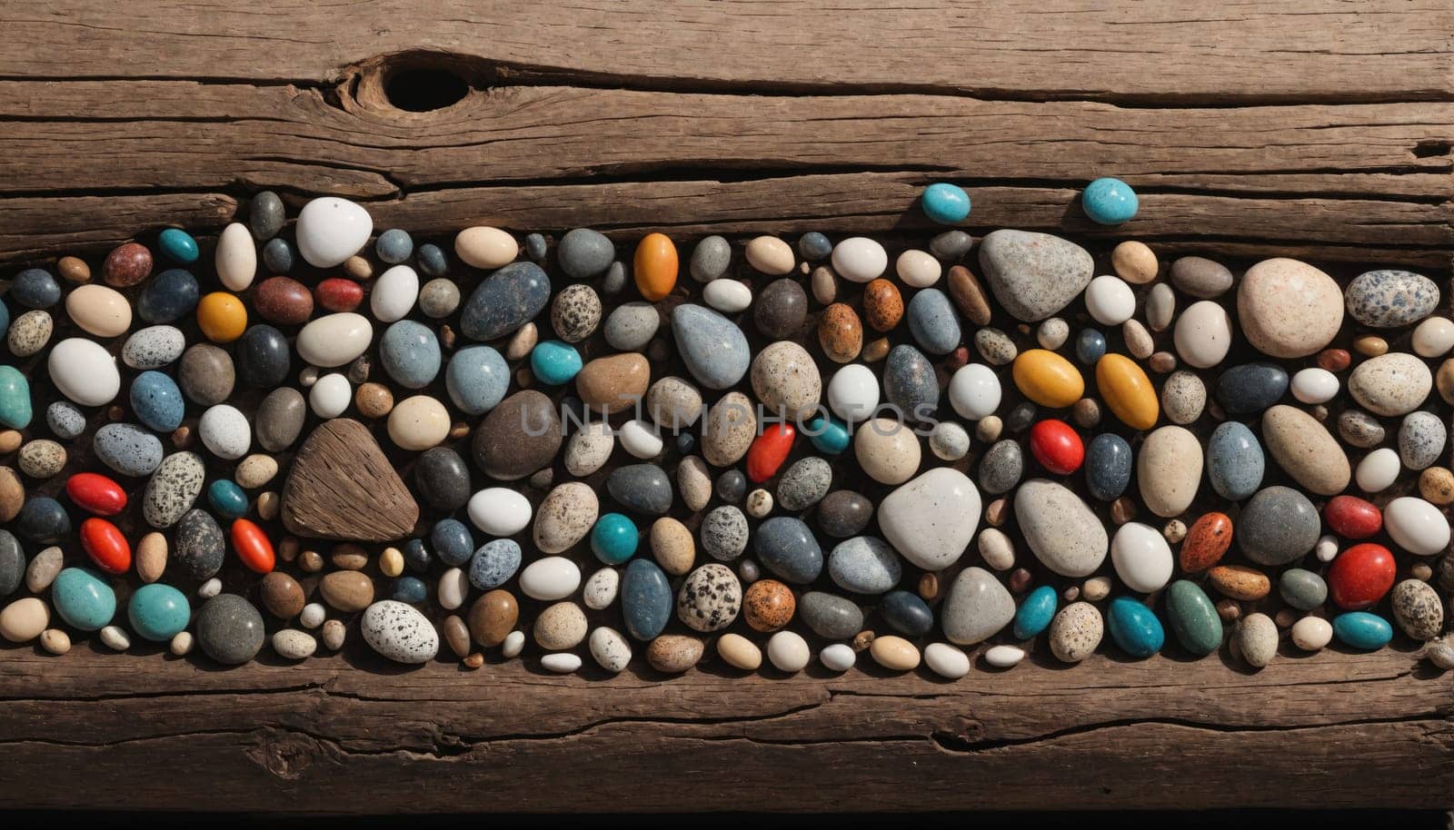 A weathered wooden log lays horizontally in the frame. Along its length, there is a collection of smooth rocks of various sizes and colors, including grey, brown, white, red, orange, and blue.