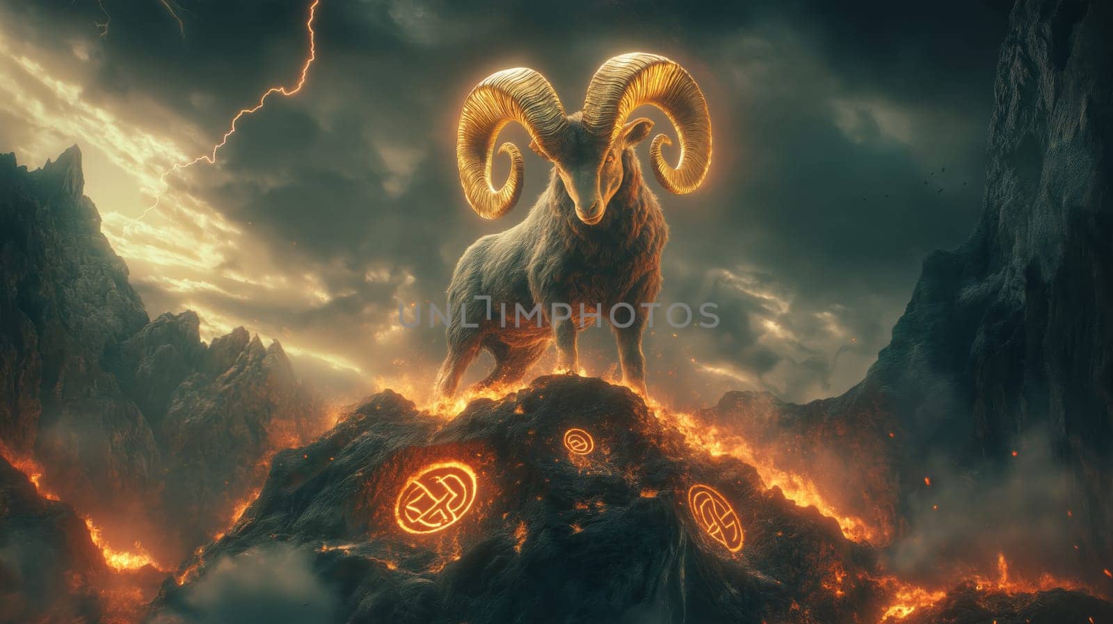 Majestic mythological ram stands atop a fiery mountain amidst dramatic clouds and lightning. illuminated by ethereal light, the creature exudes power and mystique, ideal for fantasy-themed artwork and posters.