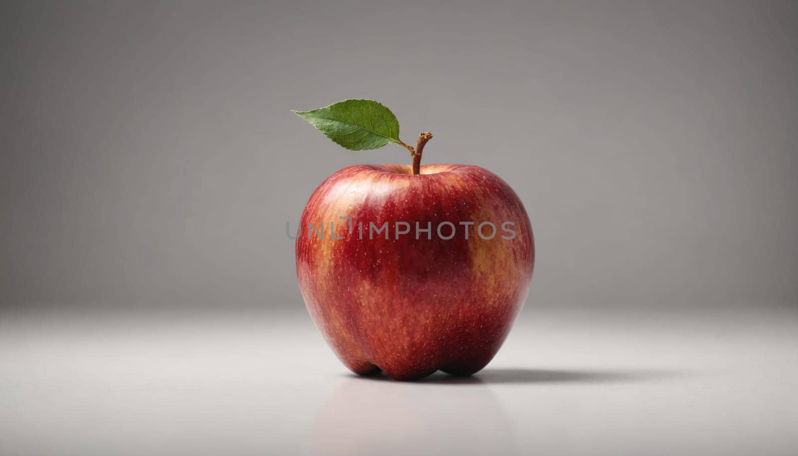 A single red apple with a green leaf sits on a white surface. The background is gray.
