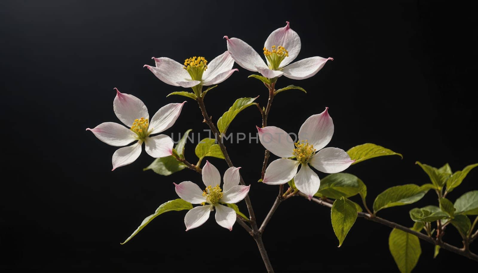 A branch with five white dogwood flowers, each with a yellow center, blooms against a dark background. The branch has green leaves.