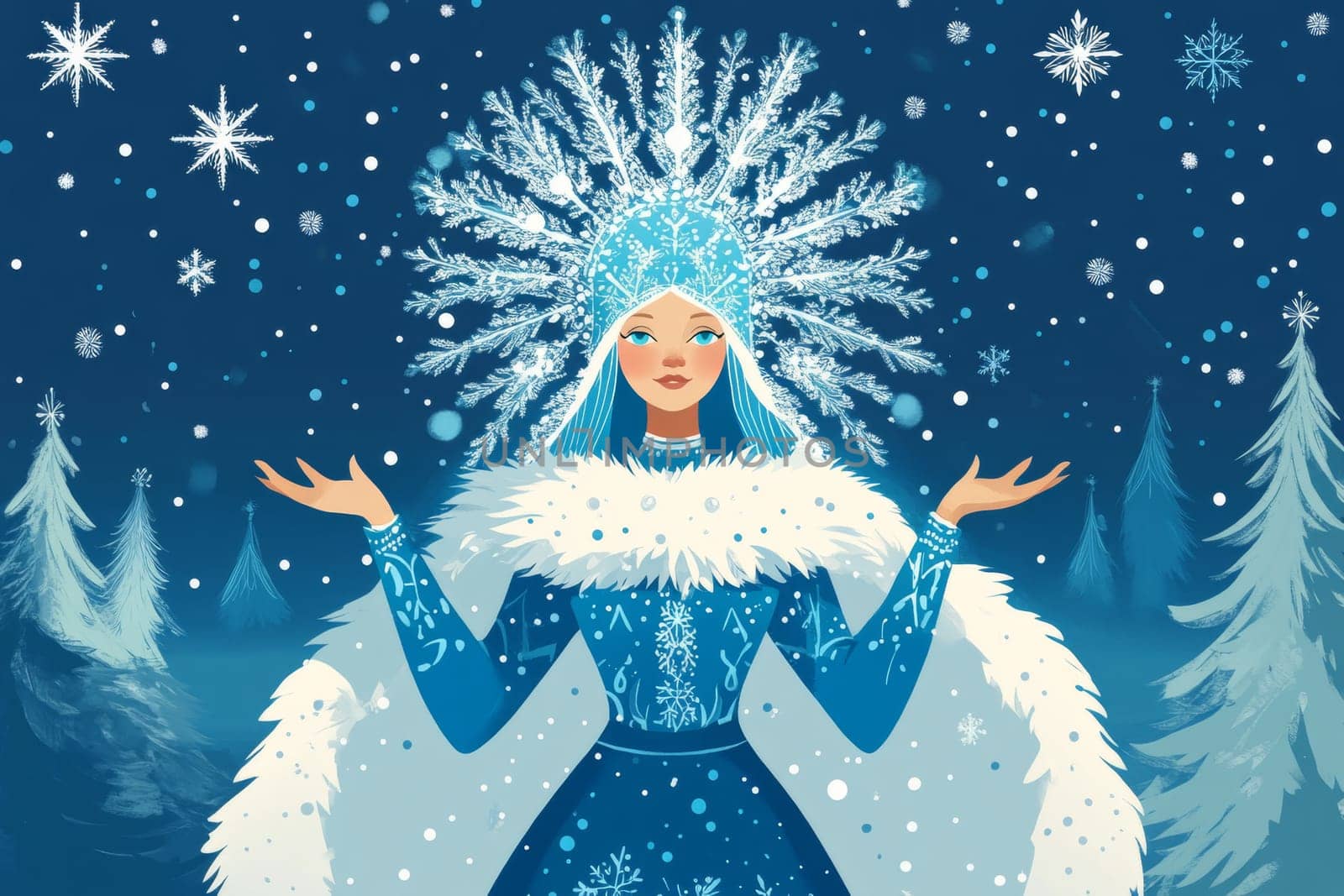 Portrait of a very beautiful woman in a winter forest, a fairy or mistress of the forest walks around her domain.