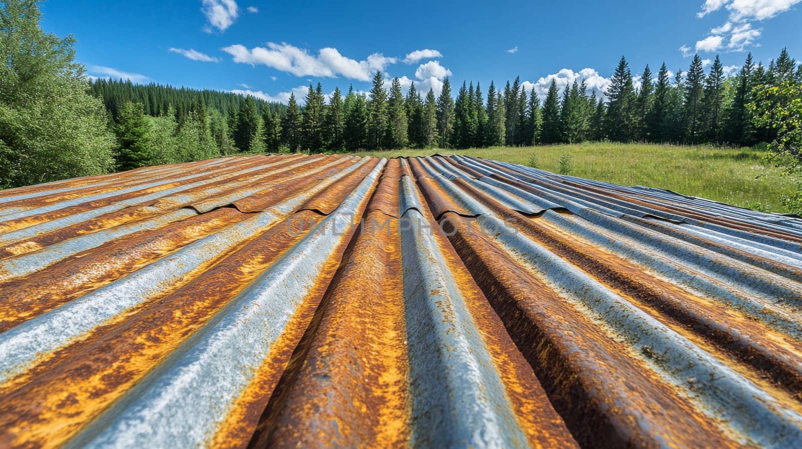 A weathered corrugated metal roof showcases its rusty textures amidst a peaceful rural setting. nestled in lush greenery, the scene highlights the juxtaposition of natural and man-made elements under a clear blue sky.