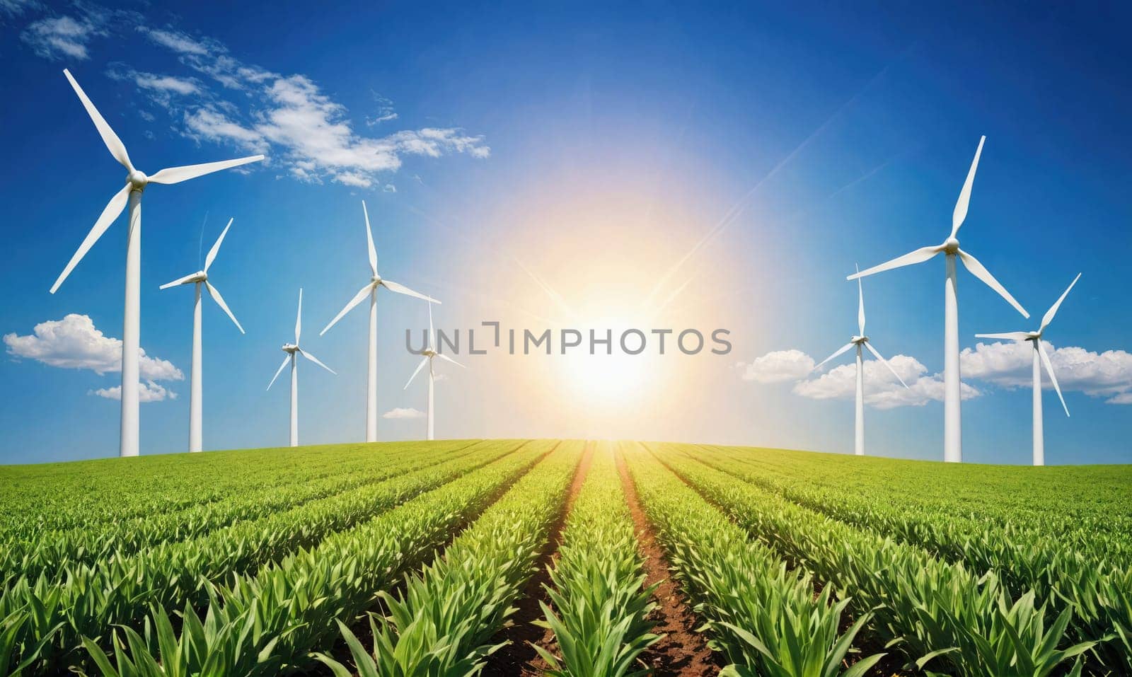 Wind turbines stand in a field of green crops with the sun shining in the background. The sky is blue with white clouds.