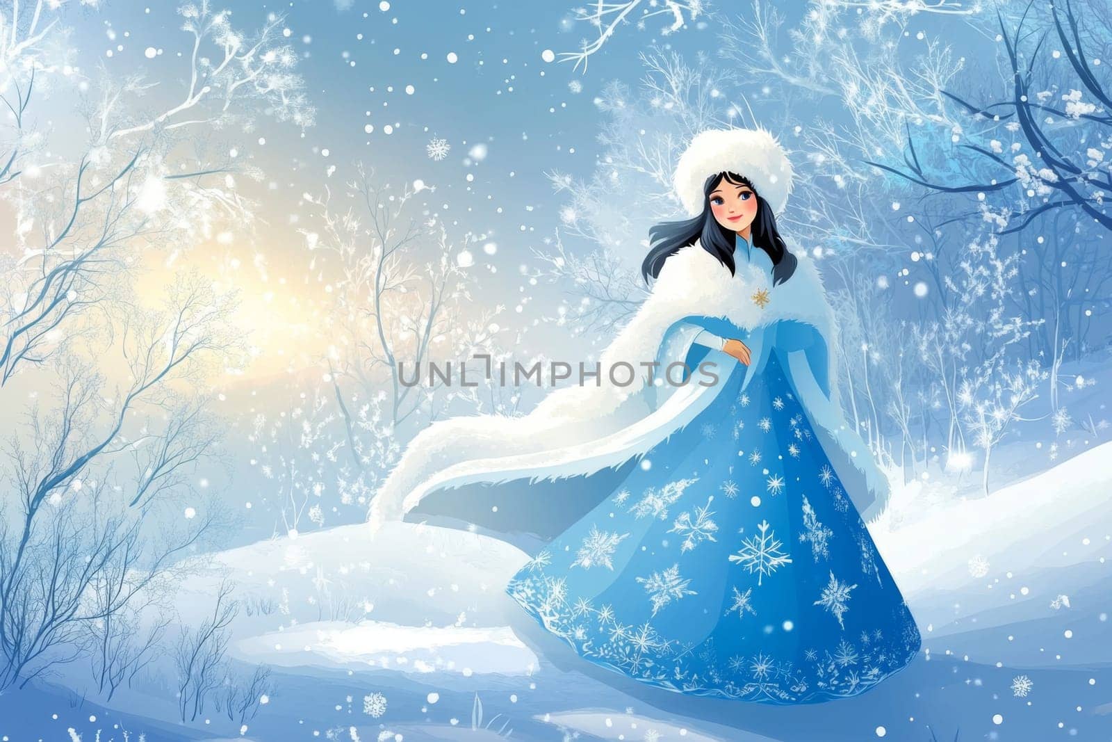 Portrait of a very beautiful woman in a winter forest, a fairy or mistress of the forest walks around her domain.