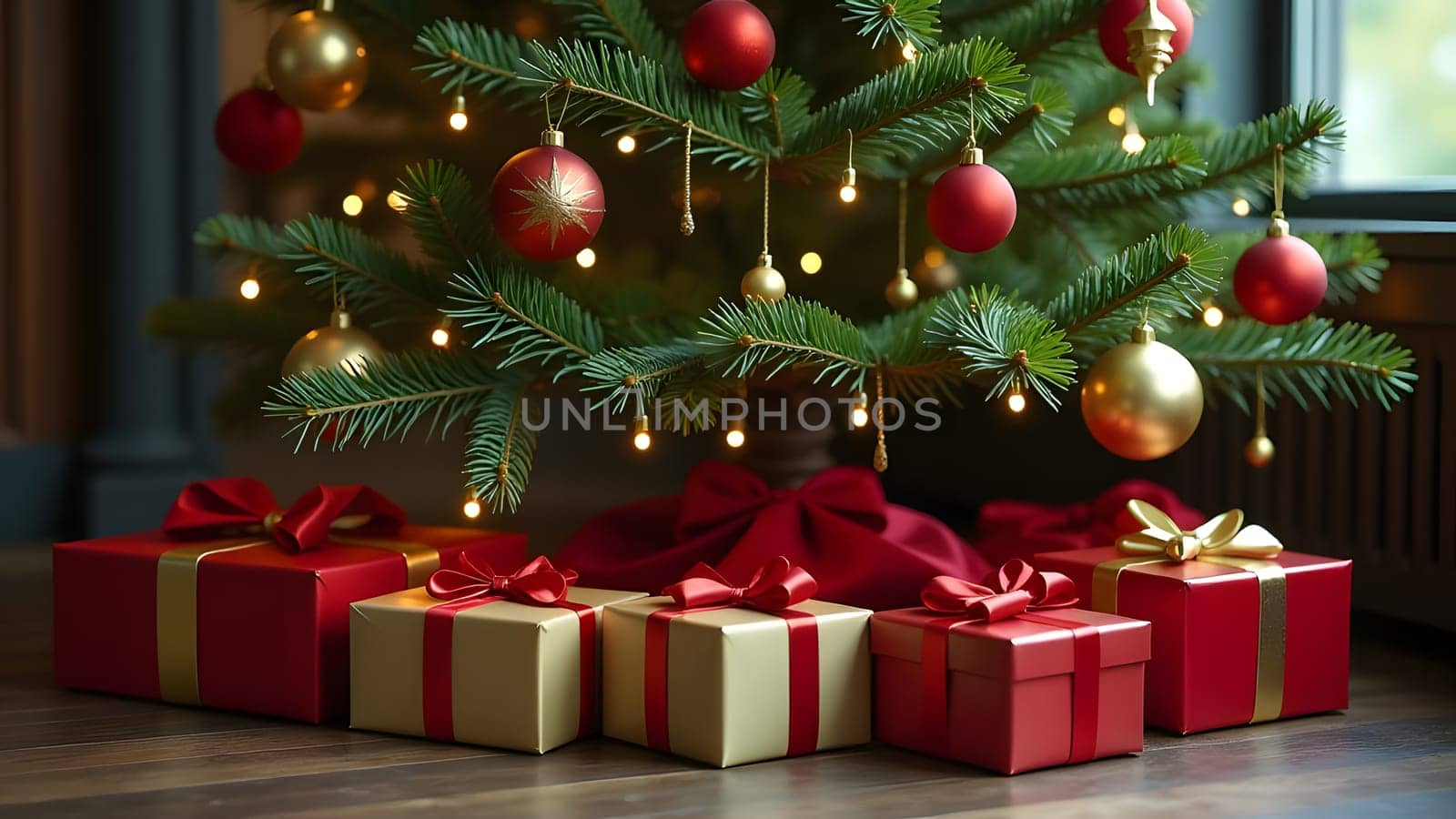 The opulent tree, decorated with shimmering gold and rich red decorations, captivates the eye. Beneath it, oversized presents tied with vibrant ribbons and bows invite excitement, embodying the spirit of the season