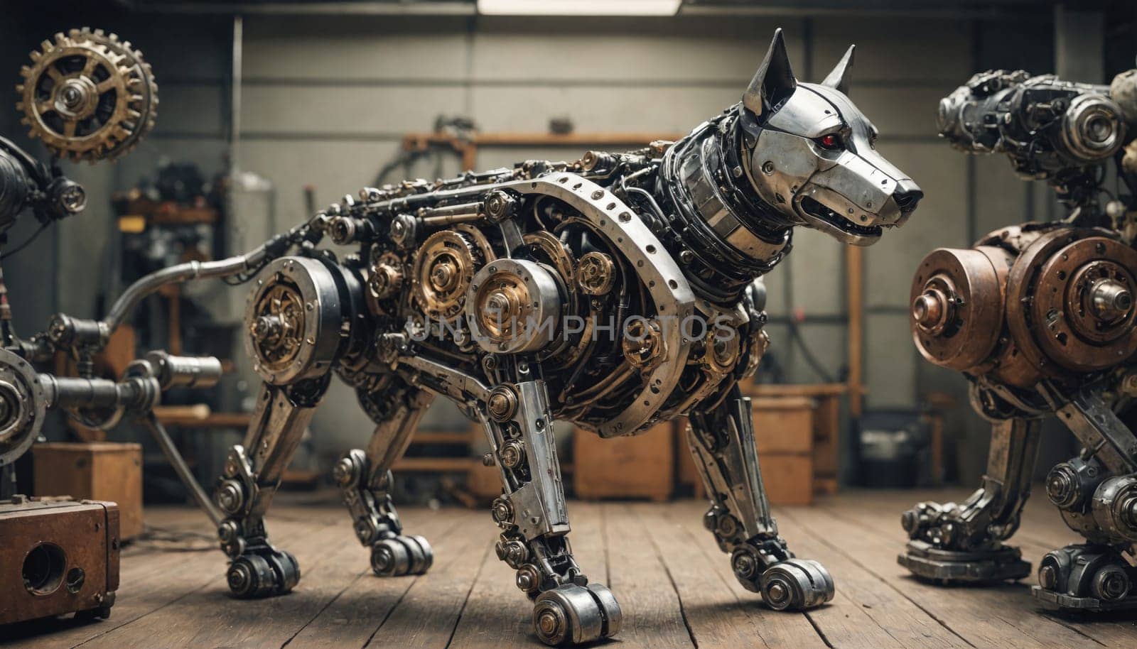 A mechanical dog with a silver and gold exterior stands in a workshop. The dog is made of gears, wheels, and metal parts. It has a silver head and a gold body. The dog is standing on a wooden floor.