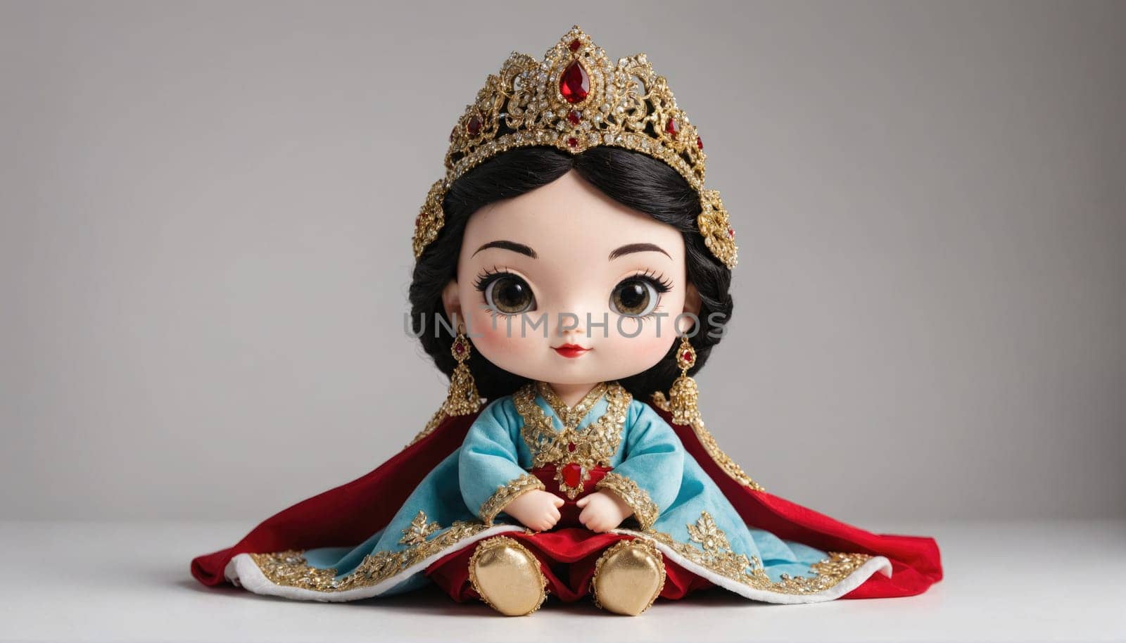 A doll dressed in a blue and red dress with a gold trim and a jeweled crown sits against a white background.