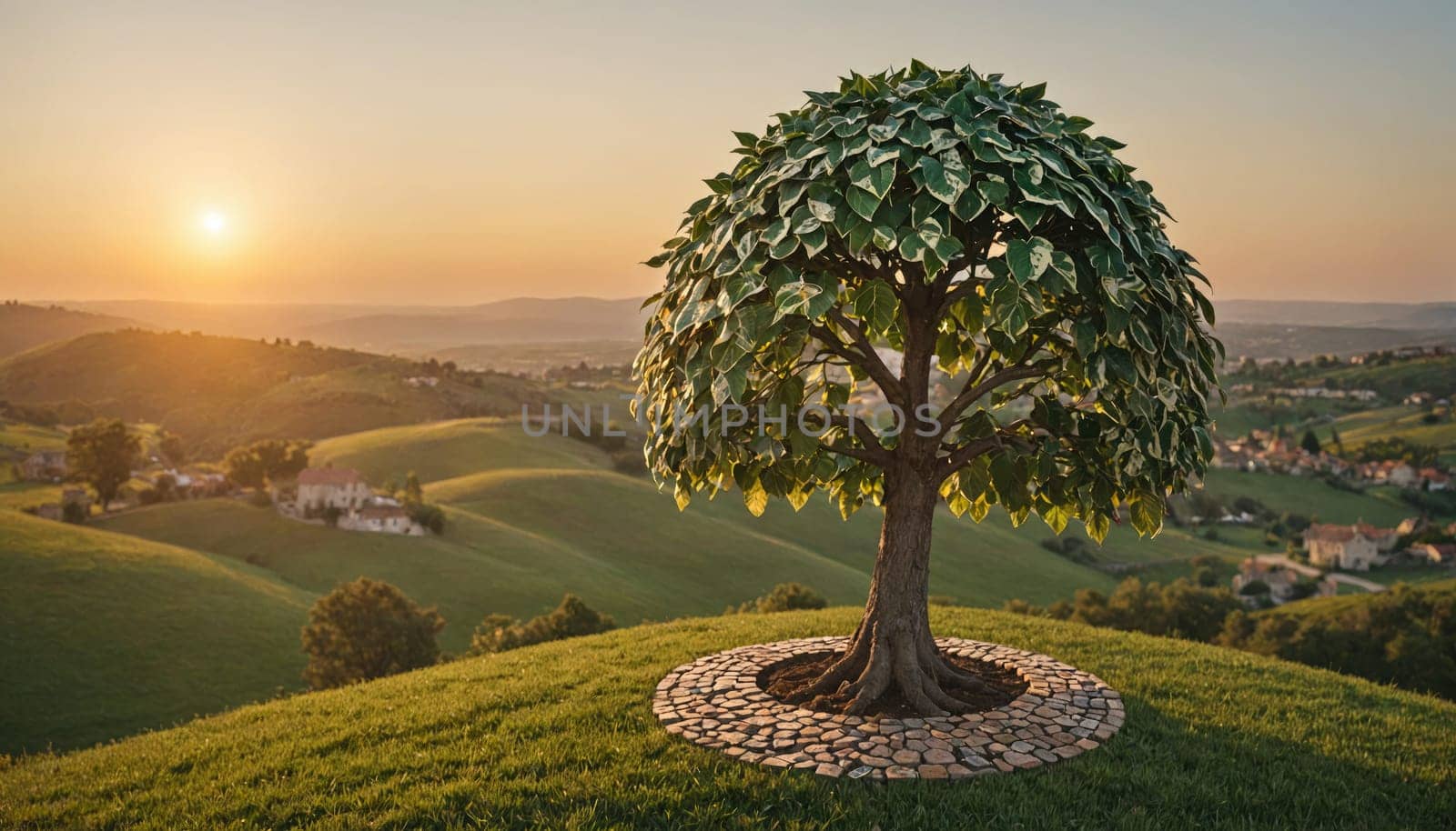 A lone tree, with lush green leaves, grows on a grassy hilltop. The sun is setting in the distance, casting a warm glow over the landscape. The tree is surrounded by a circular stone pathway.