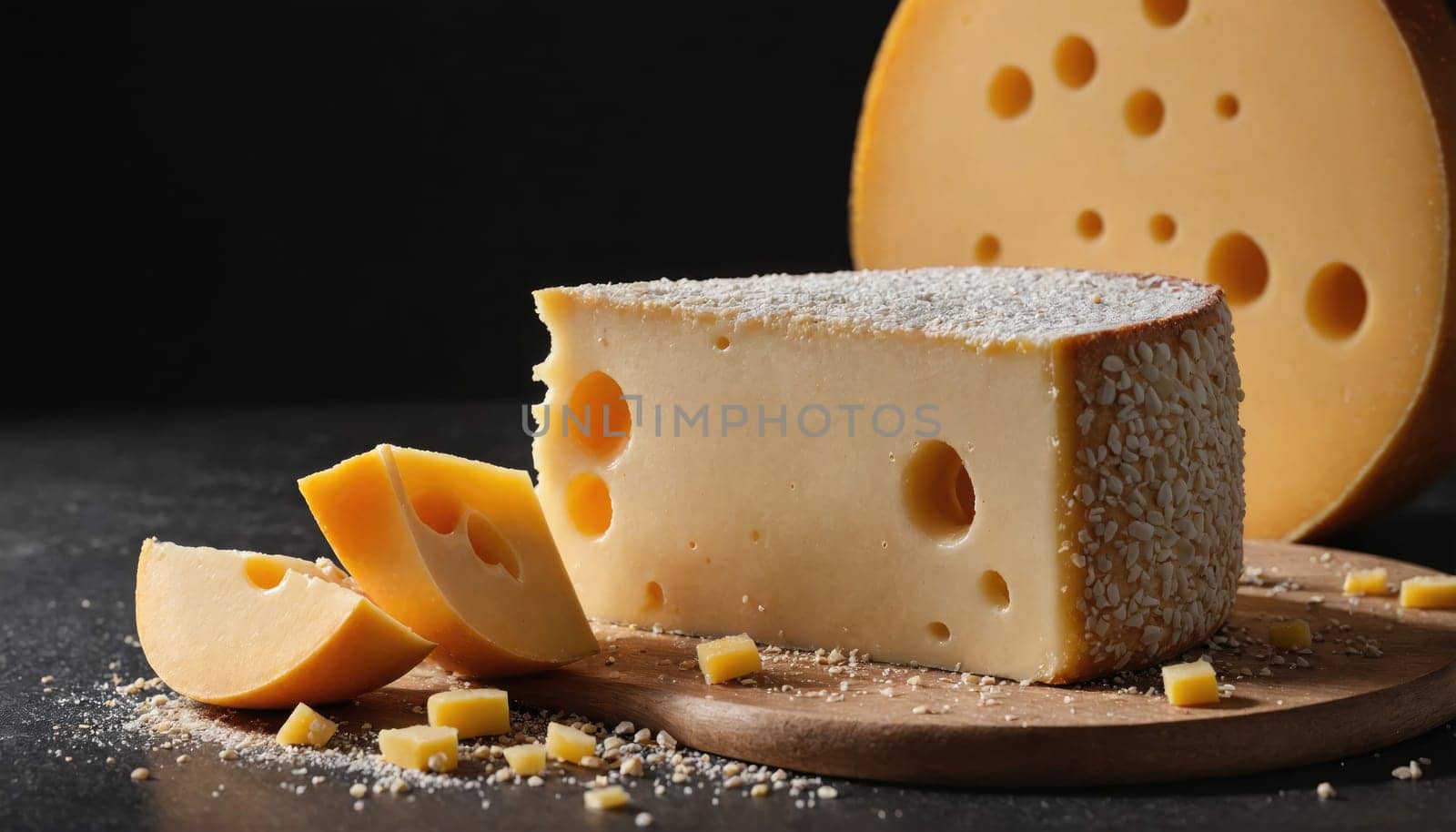 A large wheel of Swiss cheese sits on a dark surface next to a wedge of cheese on a wooden cutting board. The wedge of cheese is coated in a thin layer of white powder.