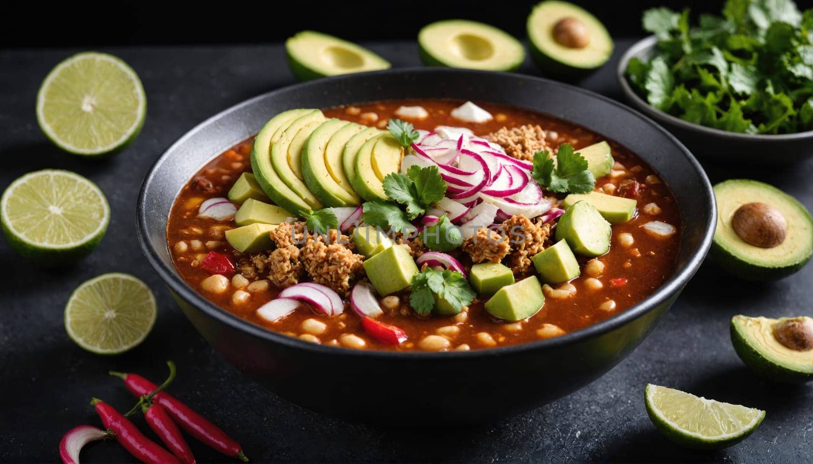 A black bowl of chili is topped with avocado slices, red radish slices, and cilantro. The chili is surrounded by lime wedges and chili peppers.