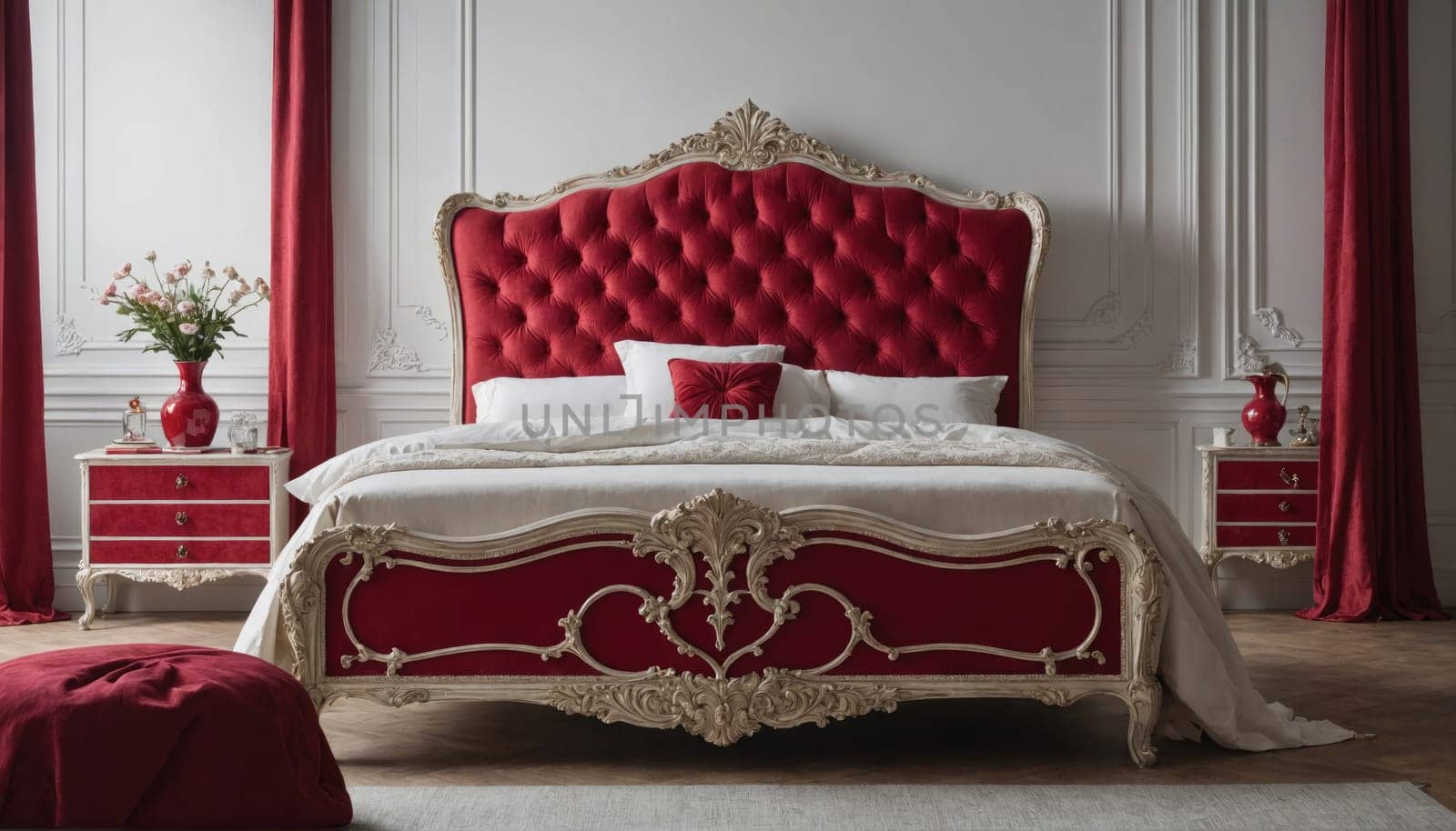 A white and red bedroom with a large bed featuring an ornate red velvet headboard. The bed has a white sheet and two white pillows. A smaller red pillow rests on top of the pillows.