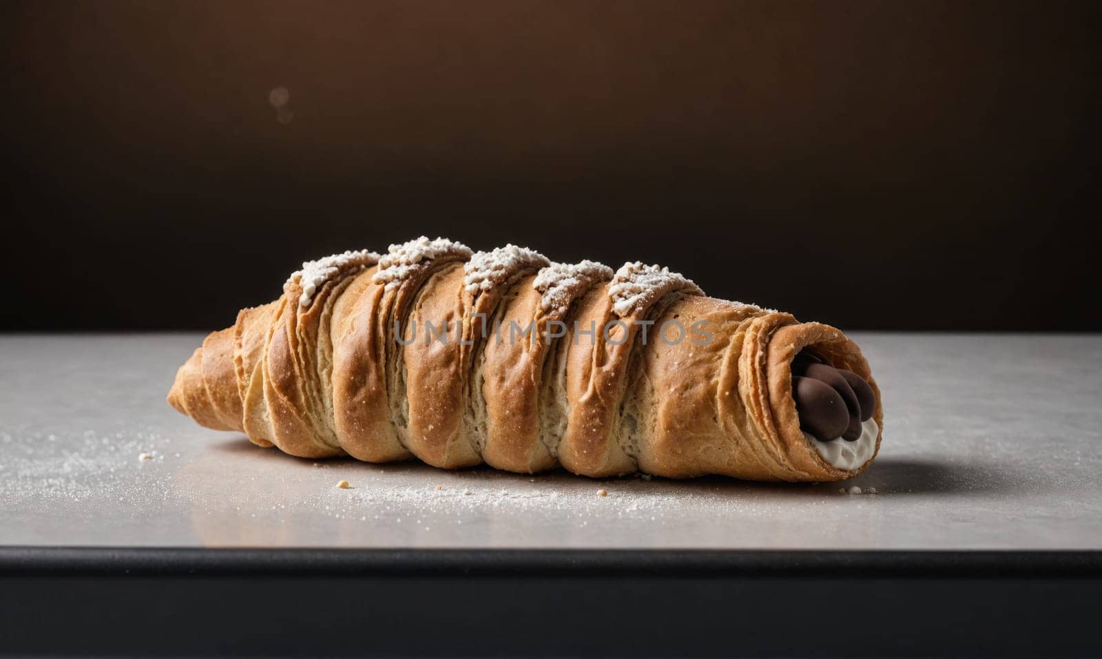 A freshly baked croissant filled with chocolate and cream sits on a lightly dusted white surface. The pastry has a golden-brown crust and is dusted with powdered sugar.
