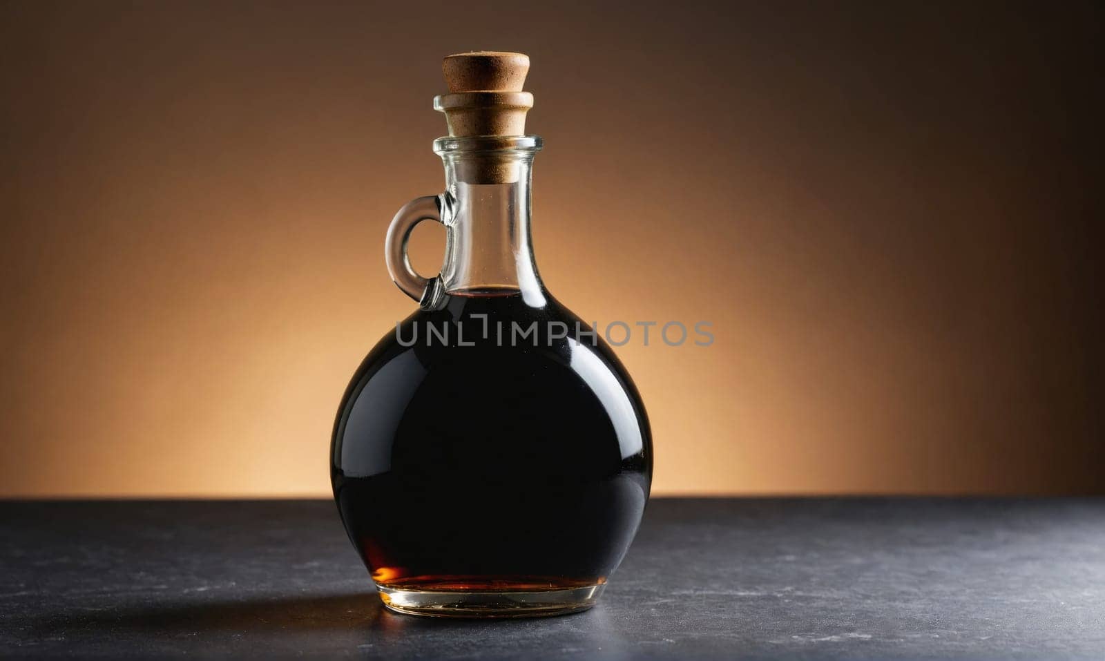 A glass bottle of balsamic vinegar with a cork top and a handle rests on a black countertop. The background is a blurred brown color.