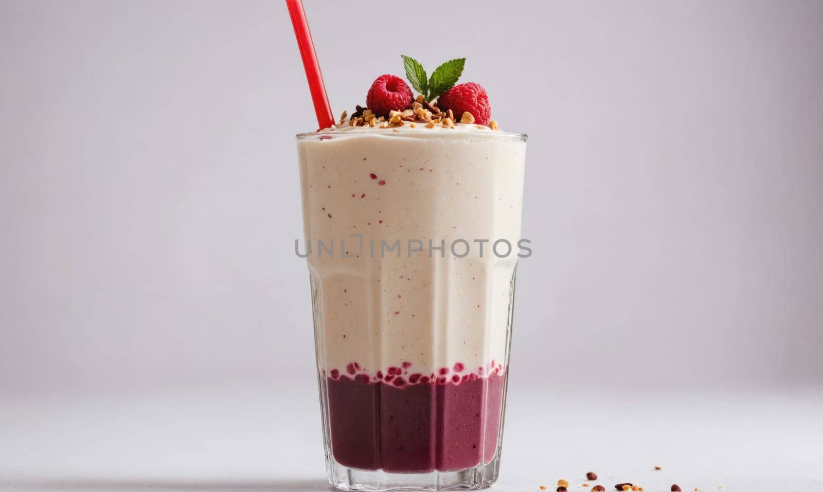 a lighter creamy color on top and a dark red color on the bottom. A few sprinkles of nuts are scattered on the surface underneath the glass.