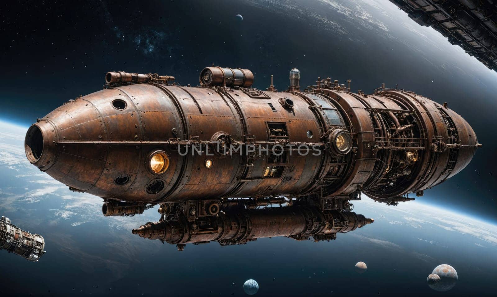 A large, metallic spaceship with visible gears and pipes travels through space. It is flying above a blue planet and several small moons.