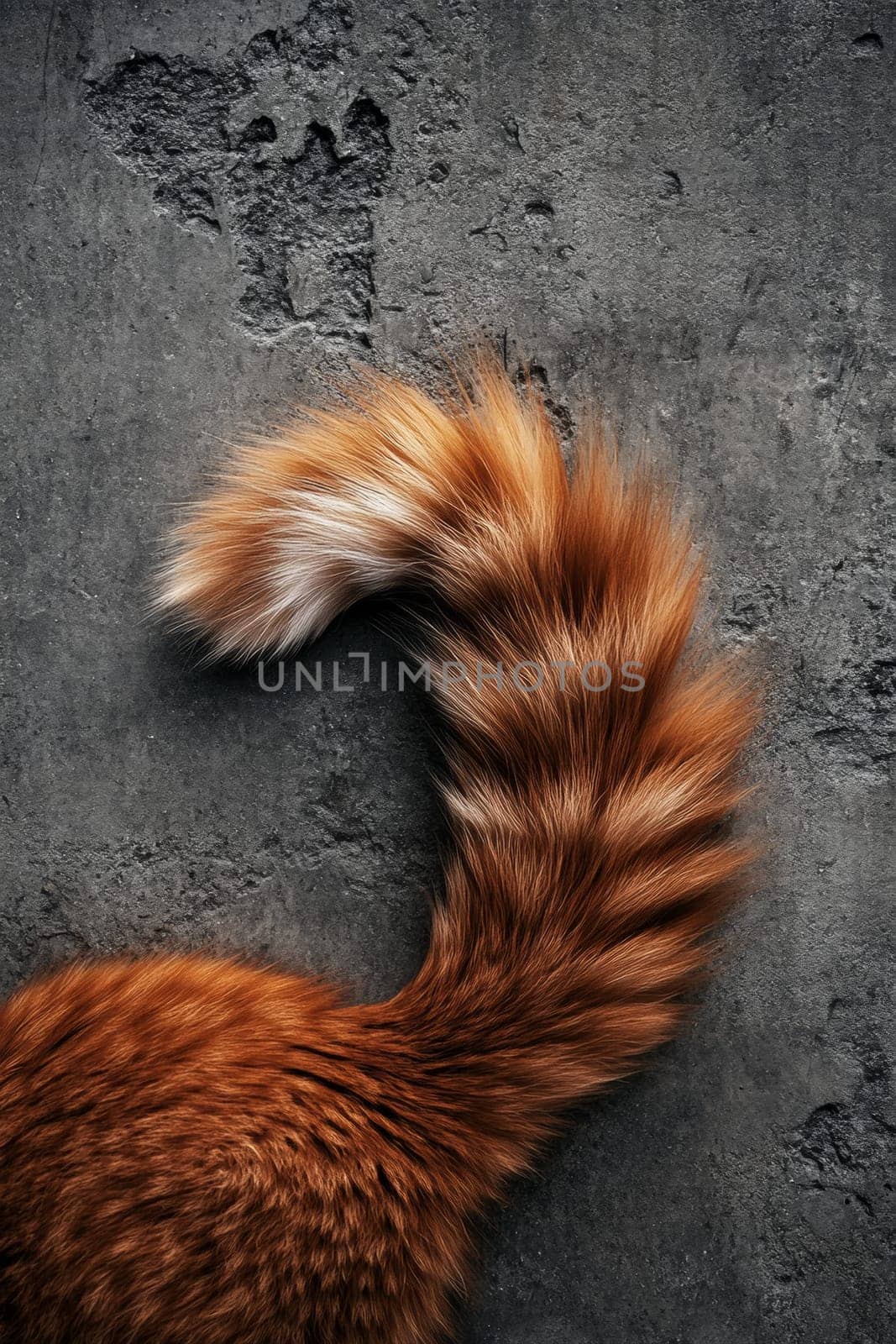 Ginger cat on a gray background, top view. Cat's tail. High quality photo