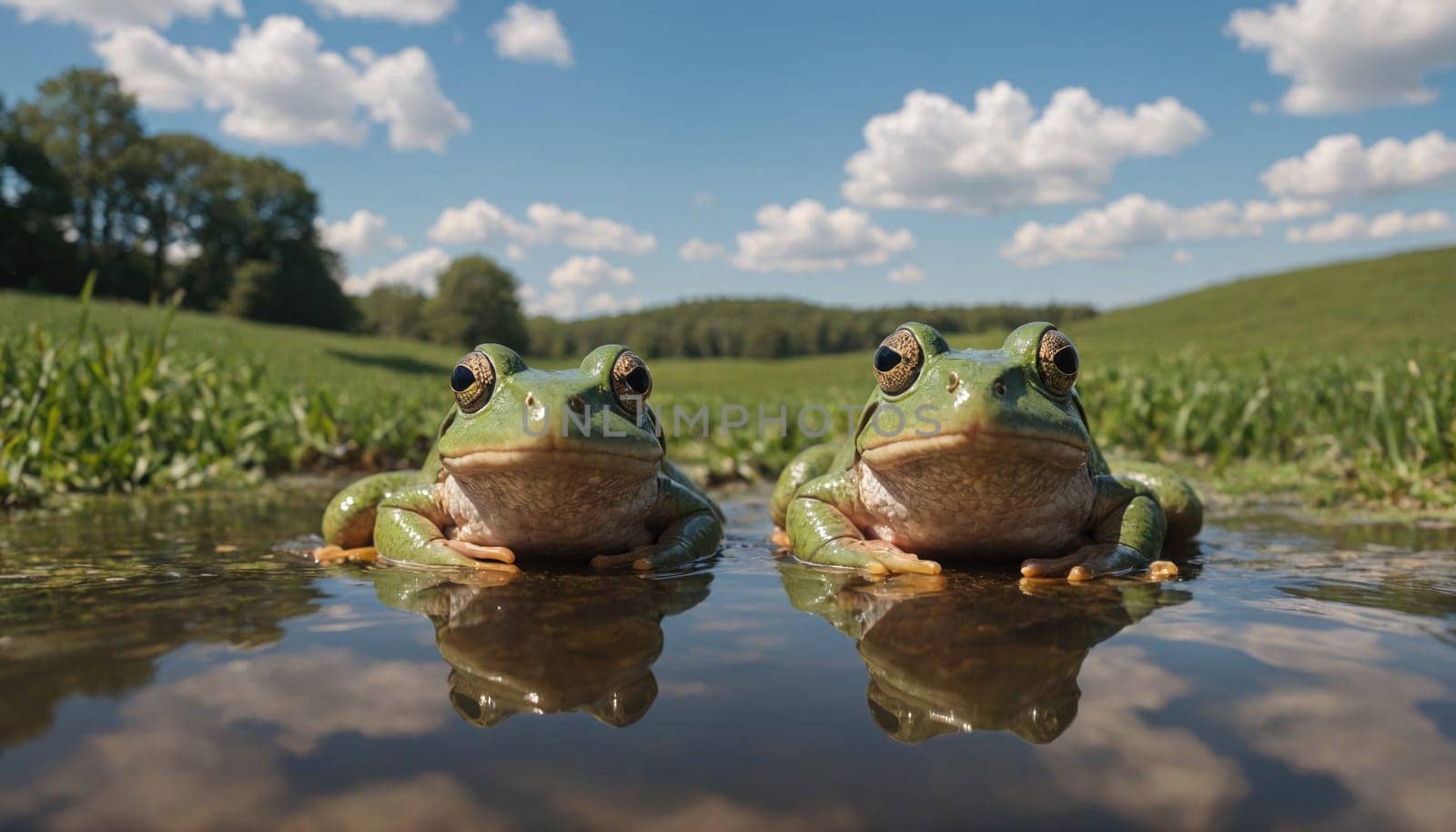 Two green frogs sit side-by-side in a shallow puddle, looking straight ahead. The frogs are in a grassy field with blue skies and white clouds above.