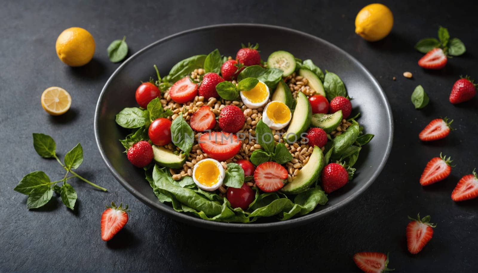 A black plate sits on a black table, filled with a vibrant salad. The salad includes spinach, avocado, sliced strawberries, cherry tomatoes, and two halves of a boiled egg.