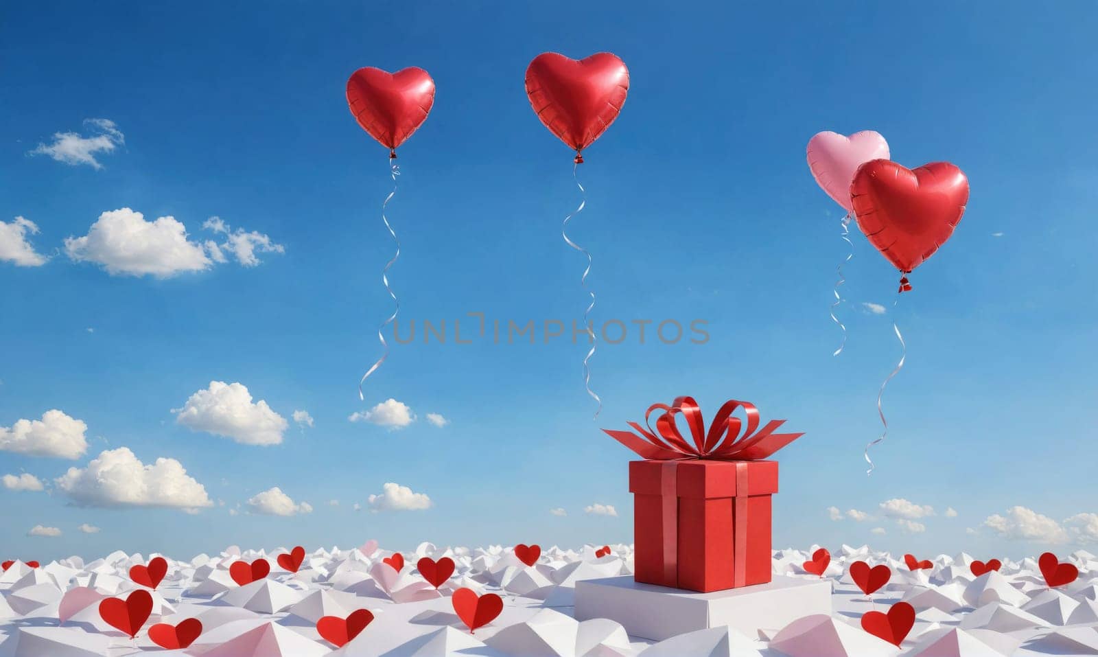 Heart-shaped balloons float in a blue sky with white clouds. A red gift with a red bow sits below on a white platform surrounded by smaller red hearts.