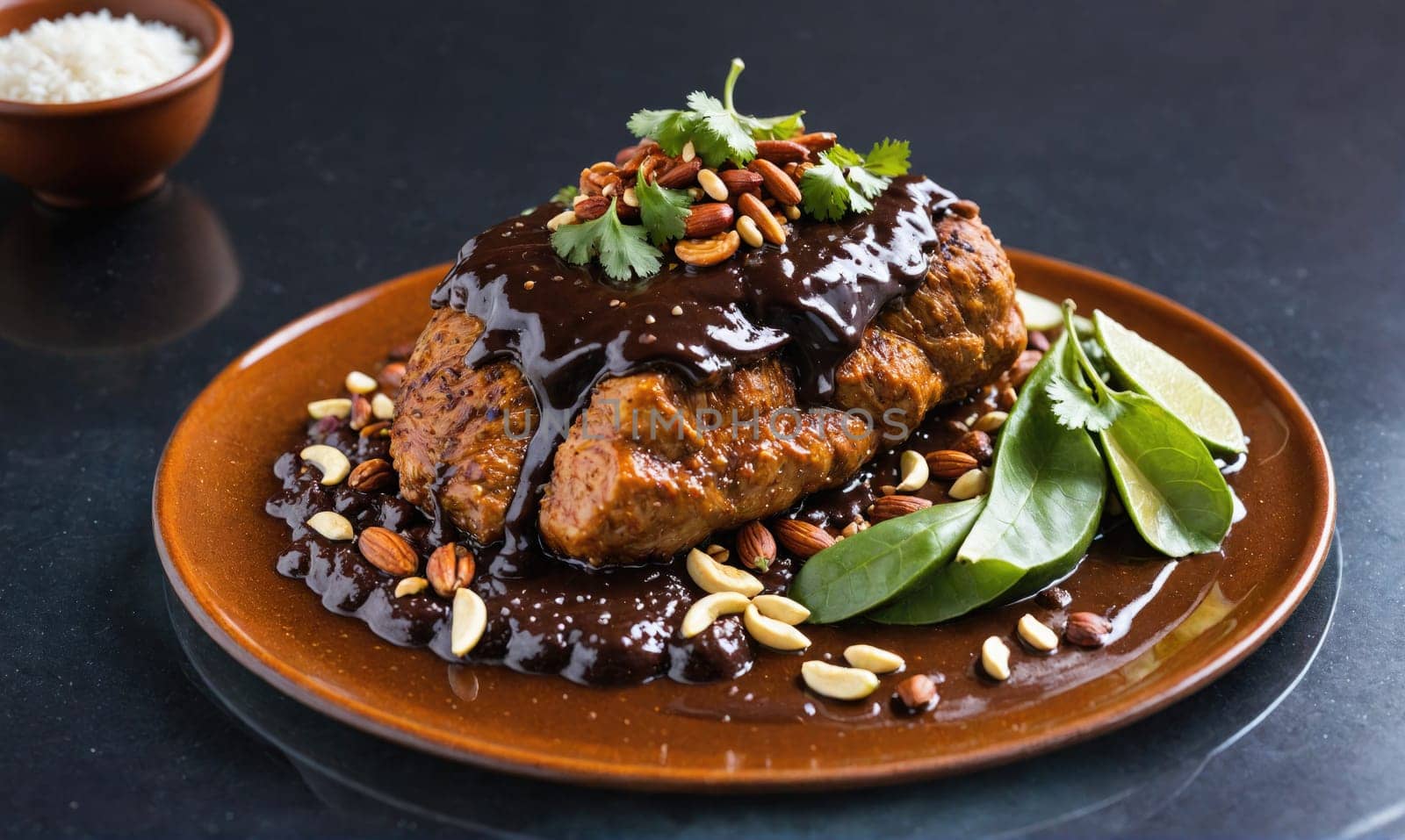 A close-up shot of a large piece of meat covered in a rich, dark sauce and topped with sliced almonds, cilantro, and a few leaves of fresh spinach.