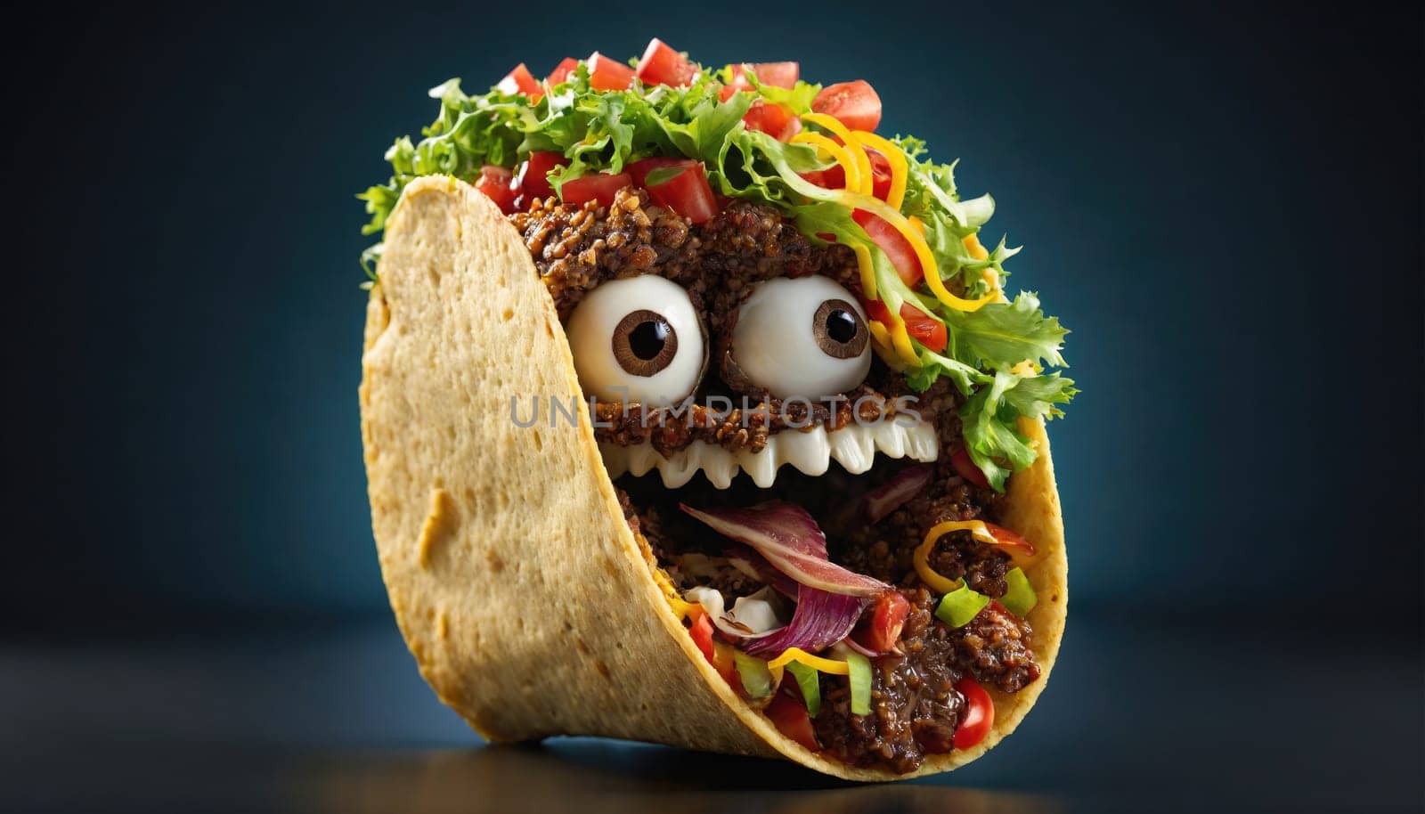 A taco with googly eyes and a wide, toothy grin is positioned on a table in front of a blue backdrop. It is filled with meat, lettuce, tomatoes, and cheese.