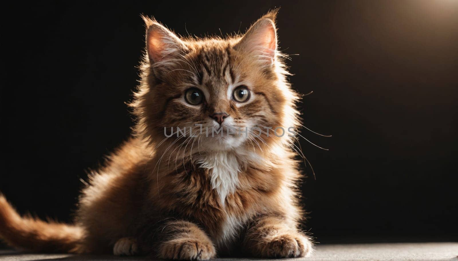 A young, brown tabby cat with a white chest sits on a dark surface. The cat's fur is soft and fluffy, and its eyes are wide and curious. Light shines on the cat's fur, creating a warm glow.