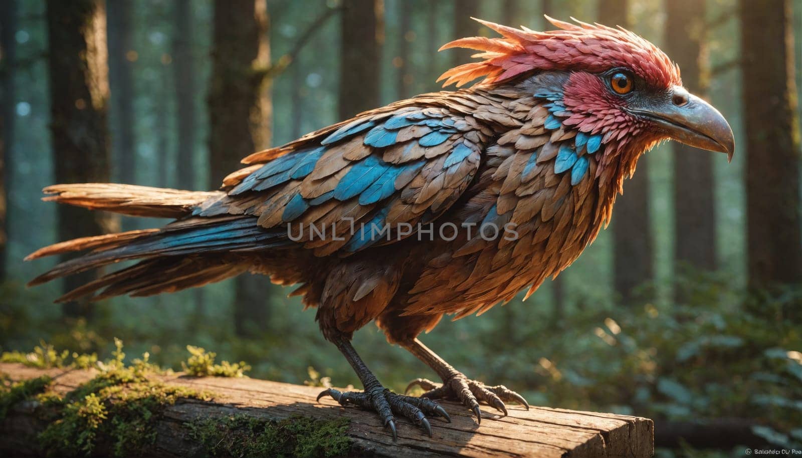 A bird with bright blue and brown feathers and a red crest sits on a log in a forest. The sun shines through the trees behind the bird, creating a warm glow.