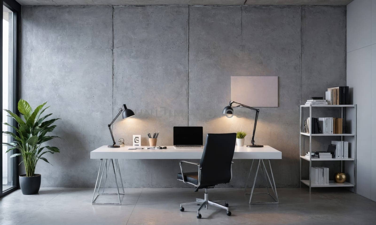 A white desk with two black desk lamps sits in front of a concrete wall. A black office chair with wheels is in front of the desk.