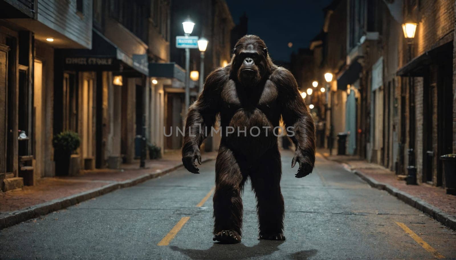 A large, dark-furred gorilla walks down a street lined with buildings. The street is empty and the buildings are dark except for a few streetlights, which cast a dim light on the gorilla.