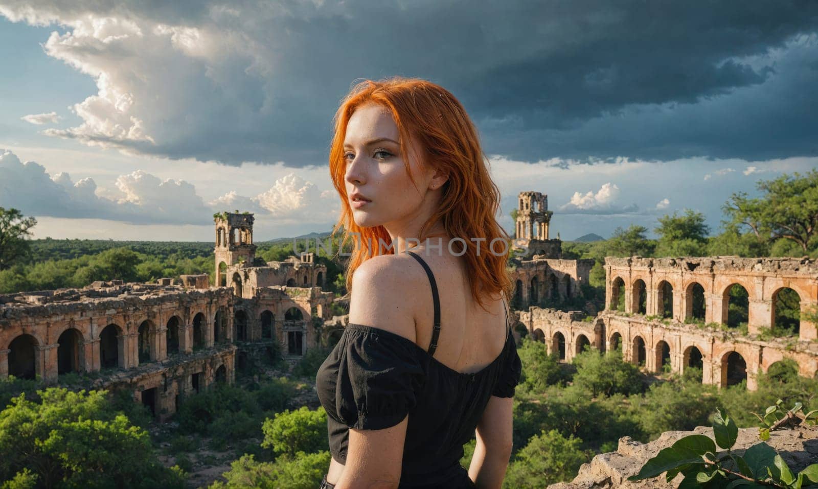 A young woman with long, red hair, wearing a black top, looks away from the camera, standing on a hillside. The background shows a large, stone building with arched windows and crumbling walls.