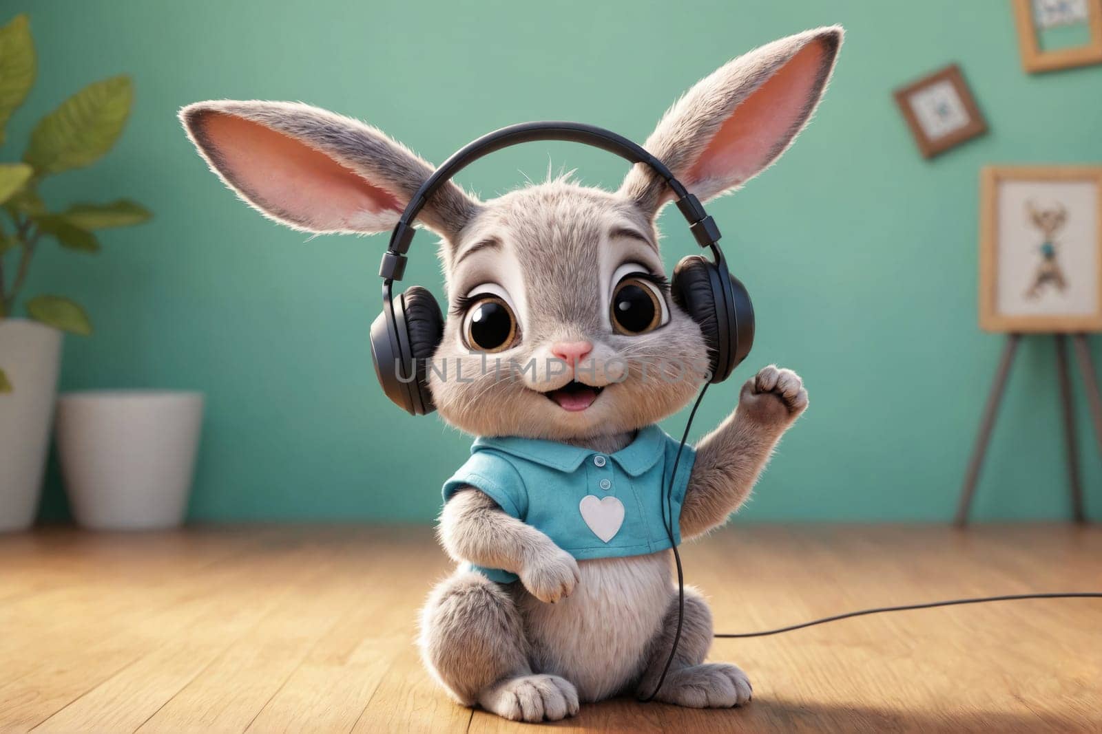 A gray rabbit with large eyes and a blue shirt smiles as it listens to music. The bunny has headphones on its ears and is waving with its right paw. The background is a teal wall and a wooden floor.