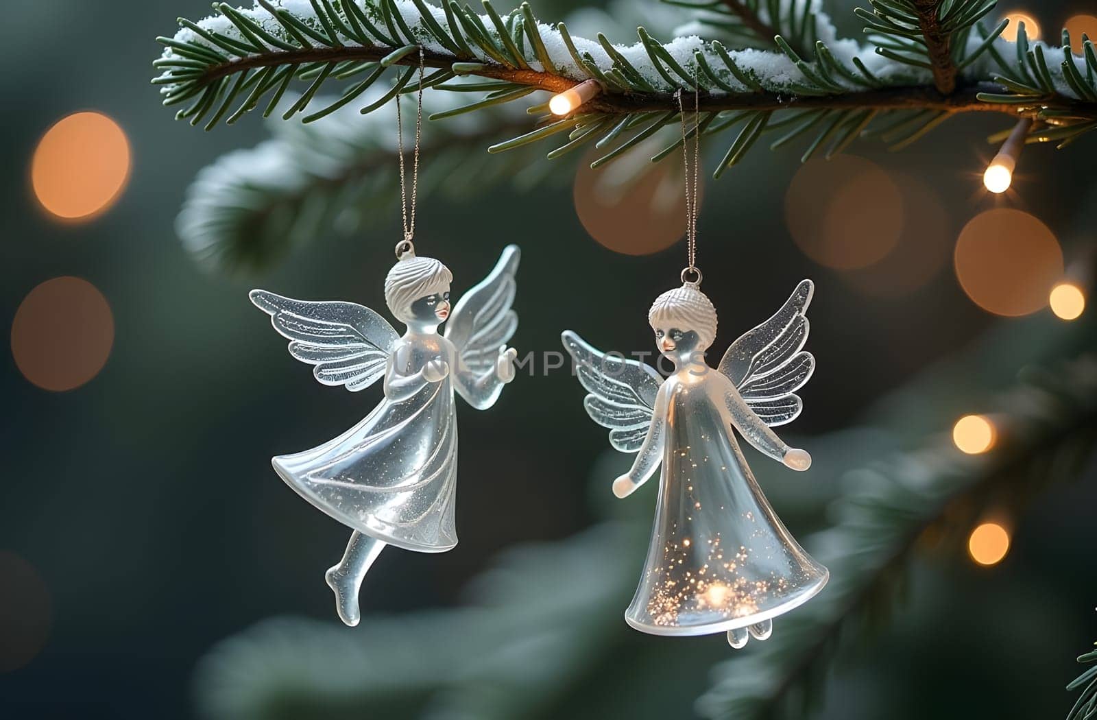 Delicate glass angel ornaments hang gracefully from a Christmas tree branch, which is adorned with soft white lights and snowflake decorations. The scene radiates a peaceful and festive atmosphere