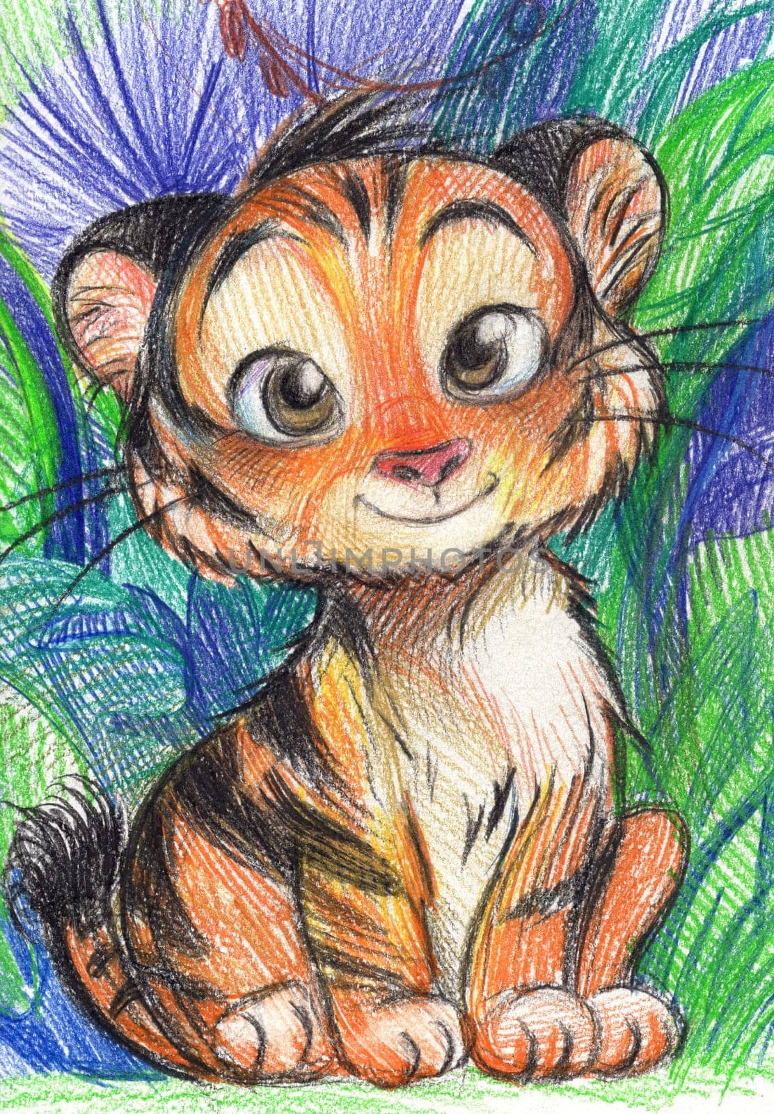 Pencil illustration of a lion cub in cartoon style for children isolated among bushes and leaves