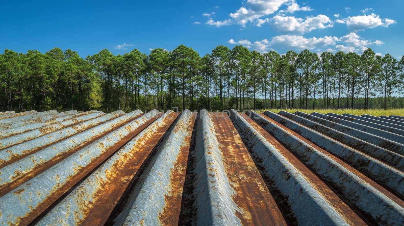 Weathered corrugated metal sheets displaying rust and texture contrast against a vibrant green forest. the blue sky enhances the architectural and natural elements, creating a striking composition of nature and industry.