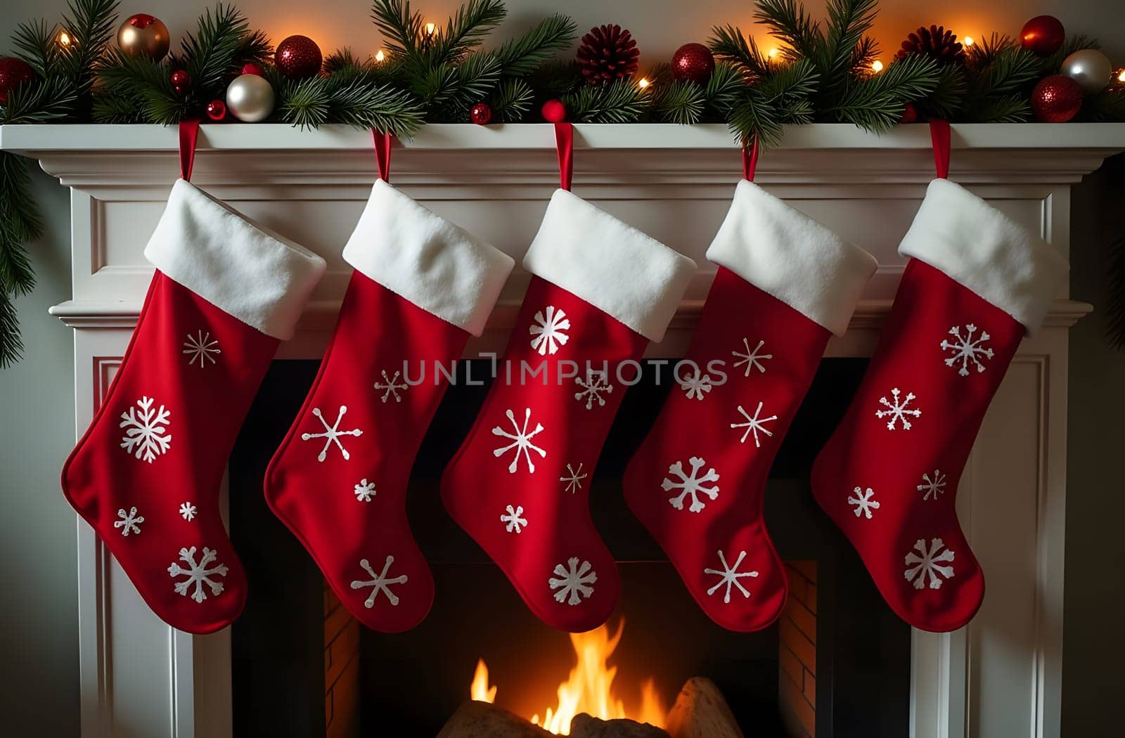 A charming fireplace adorned with five red Christmas stockings featuring white pom-poms. Each stocking is beautifully decorated with snowflakes and festive patterns, adding a cozy touch to the holiday decor