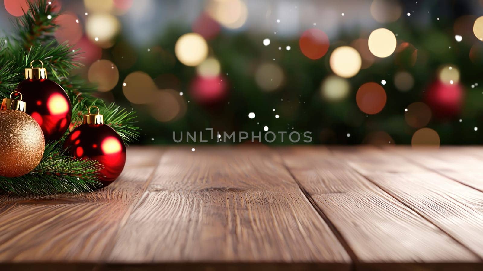 Festive Christmas decorations with ornaments on wooden table.